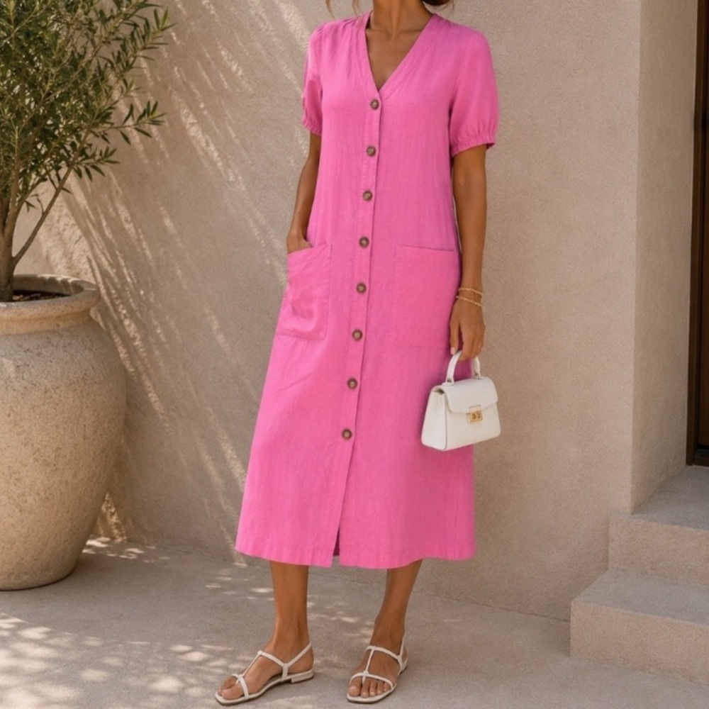 Lou & Grey 100% Linen M Midi Dress V-neck Button-up Front Pockets Neon Pink